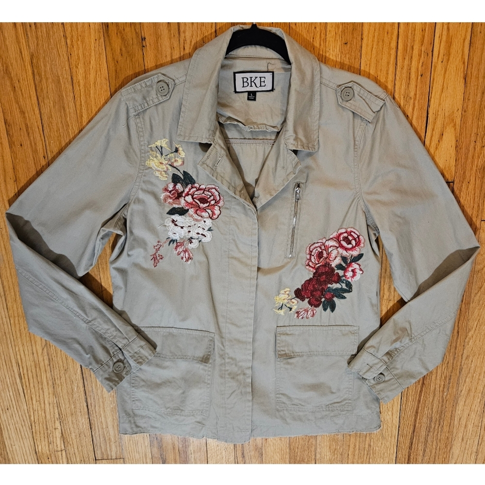 BKE Womens Khaki Embroidered Florial Utility Jacket